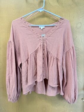 Boho Lace-Trim Blouse in Dusty Rose - Women's